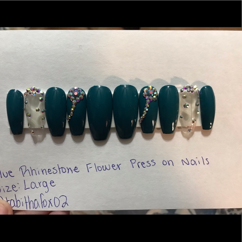 Blue Rhinestone Flower Press on Nails